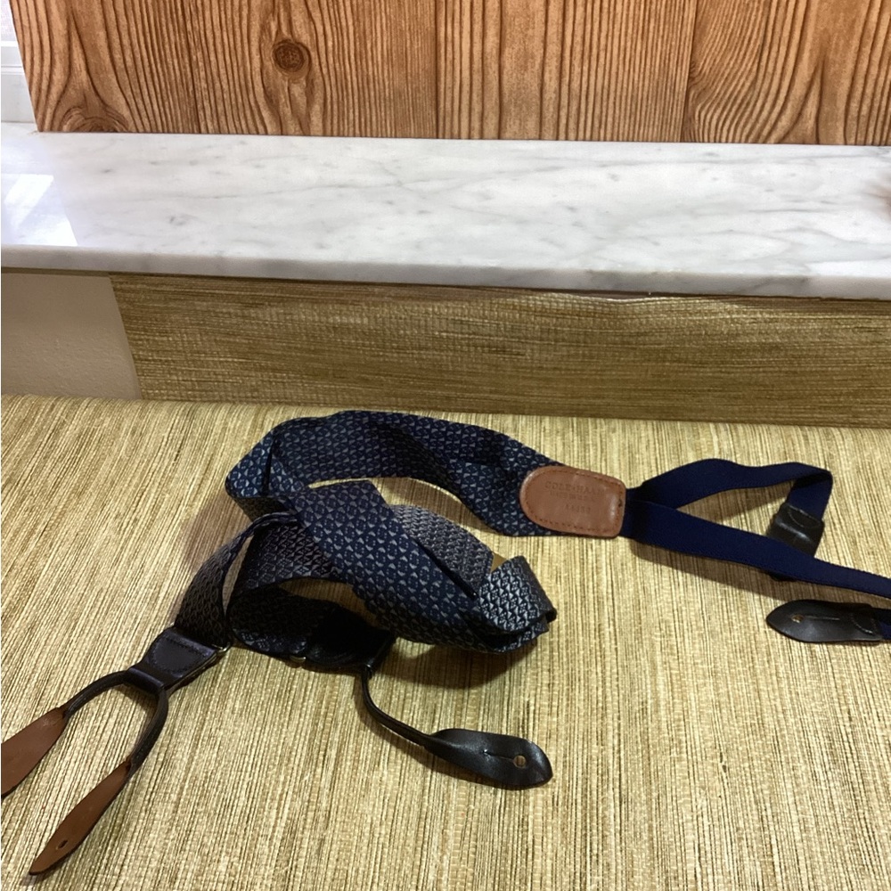 Cole Haan Adjustable Blue Gray Geometric Pattern Suspenders